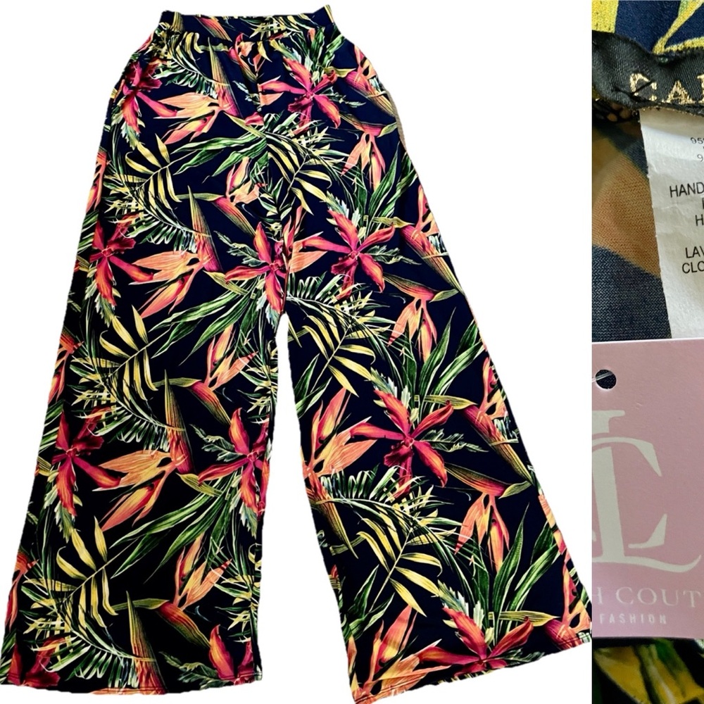 CAMEO Chic NWT Tropical BIRD of PARADISE Floral Print PALAZZO PANTS Size Large